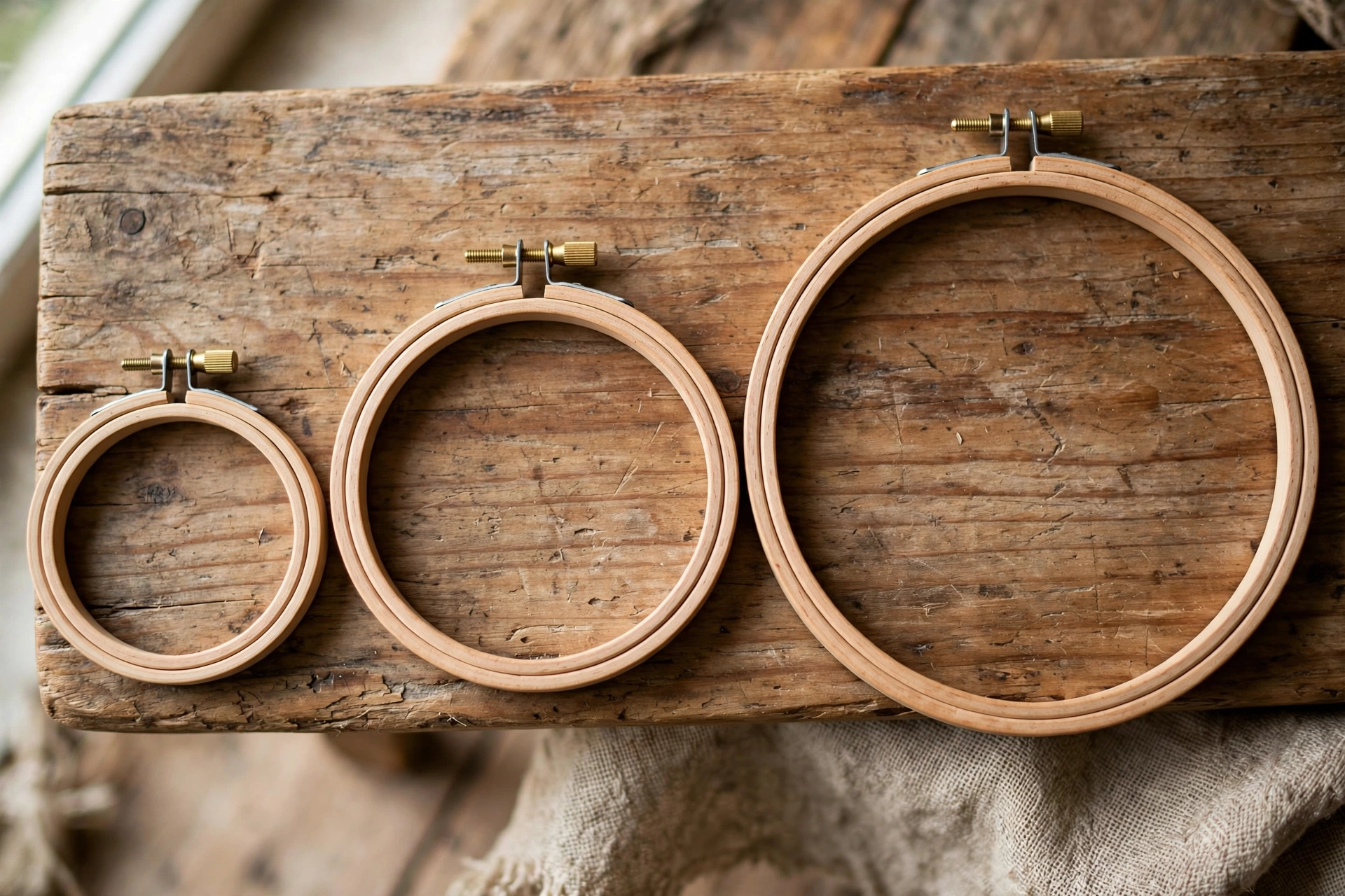 photorealistic wooden embroidery hoops in 4 inch, 5 inch and 6 inch sizes arranged on a rustic wooden table, landscape orientation, no text