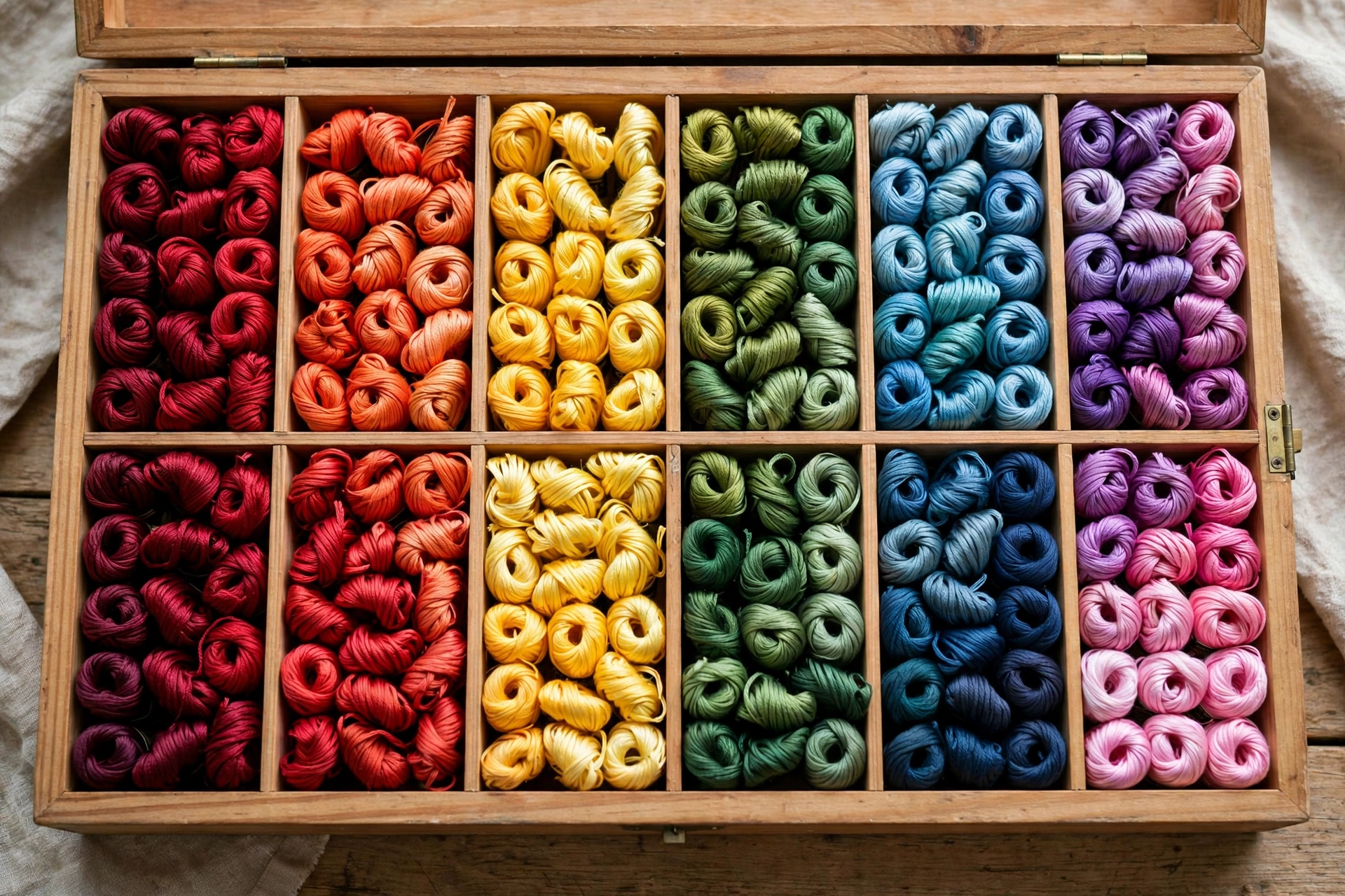 photorealistic neatly organized embroidery thread skeins sorted by color in a wooden storage box, landscape orientation, no text