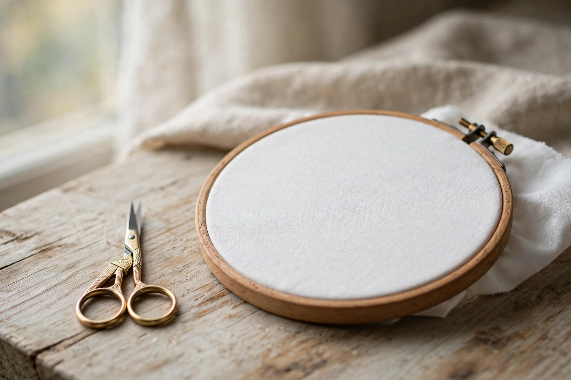 photorealistic small sharp embroidery scissors beside a wooden hoop with white fabric, soft natural window light, landscape orientation, no text