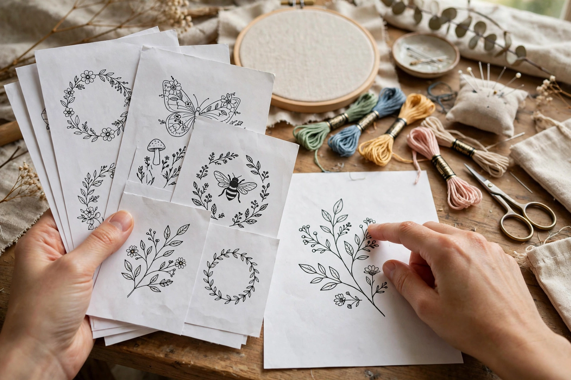 photorealistic hands of a beginner holding several printed embroidery patterns and choosing one on a craft table, landscape orientation, no text