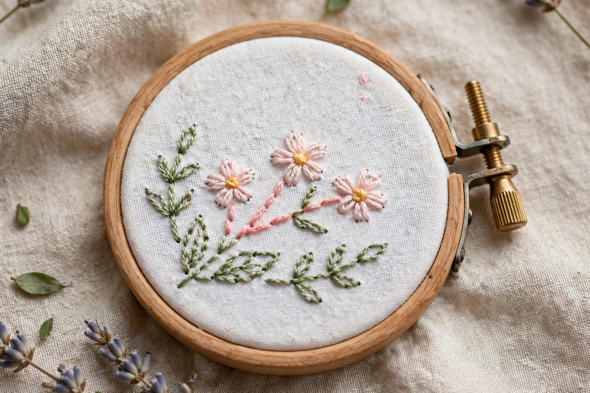 photorealistic simple beginner embroidery project, small floral hoop art stitched with backstitch on white fabric, landscape orientation, no text