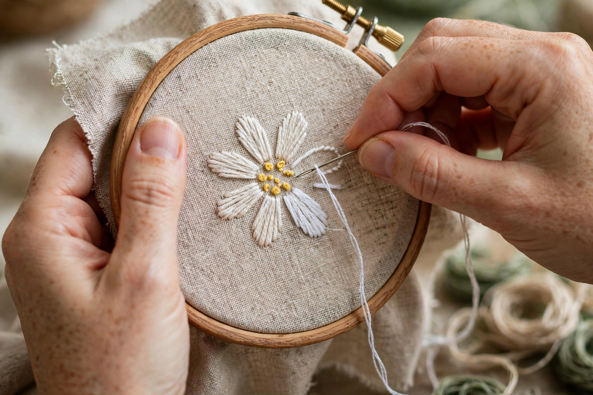 photorealistic close-up of hands stitching a simple daisy pattern in a wooden embroidery hoop, landscape orientation, no text