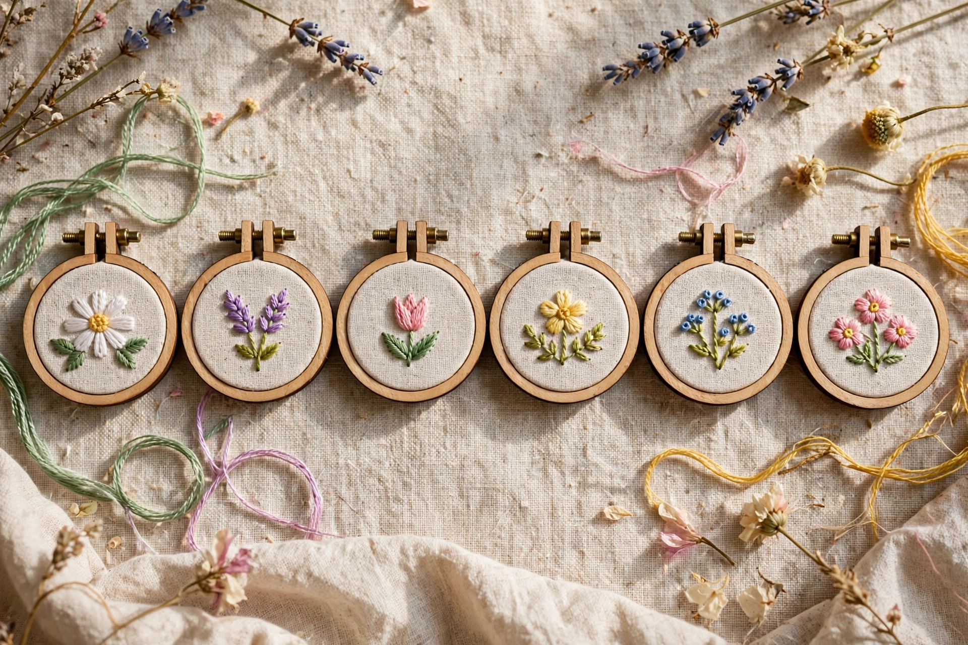 photorealistic row of finished small embroidered hoop ornaments with beginner friendly floral designs, landscape orientation, no text