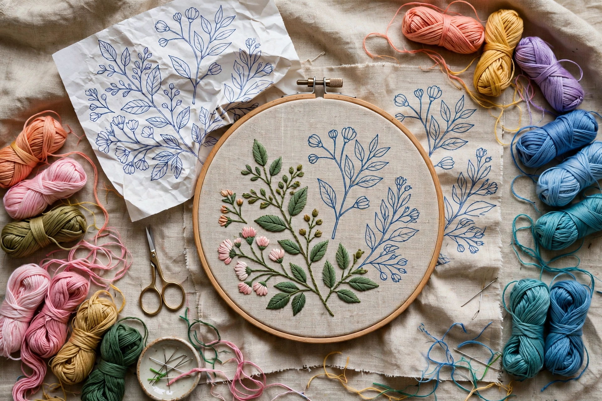 photorealistic flat lay of a half-finished embroidery project with a printed pattern and colorful thread skeins, landscape orientation, no text