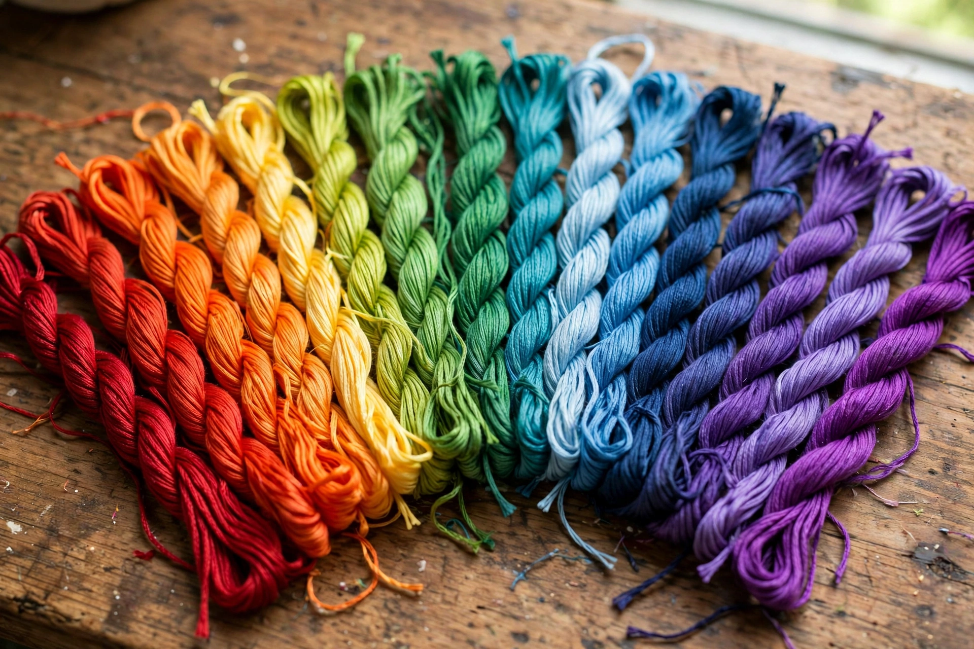 photorealistic close-up of colorful DMC embroidery floss skeins arranged in a rainbow fan on a wooden table, landscape orientation, no text