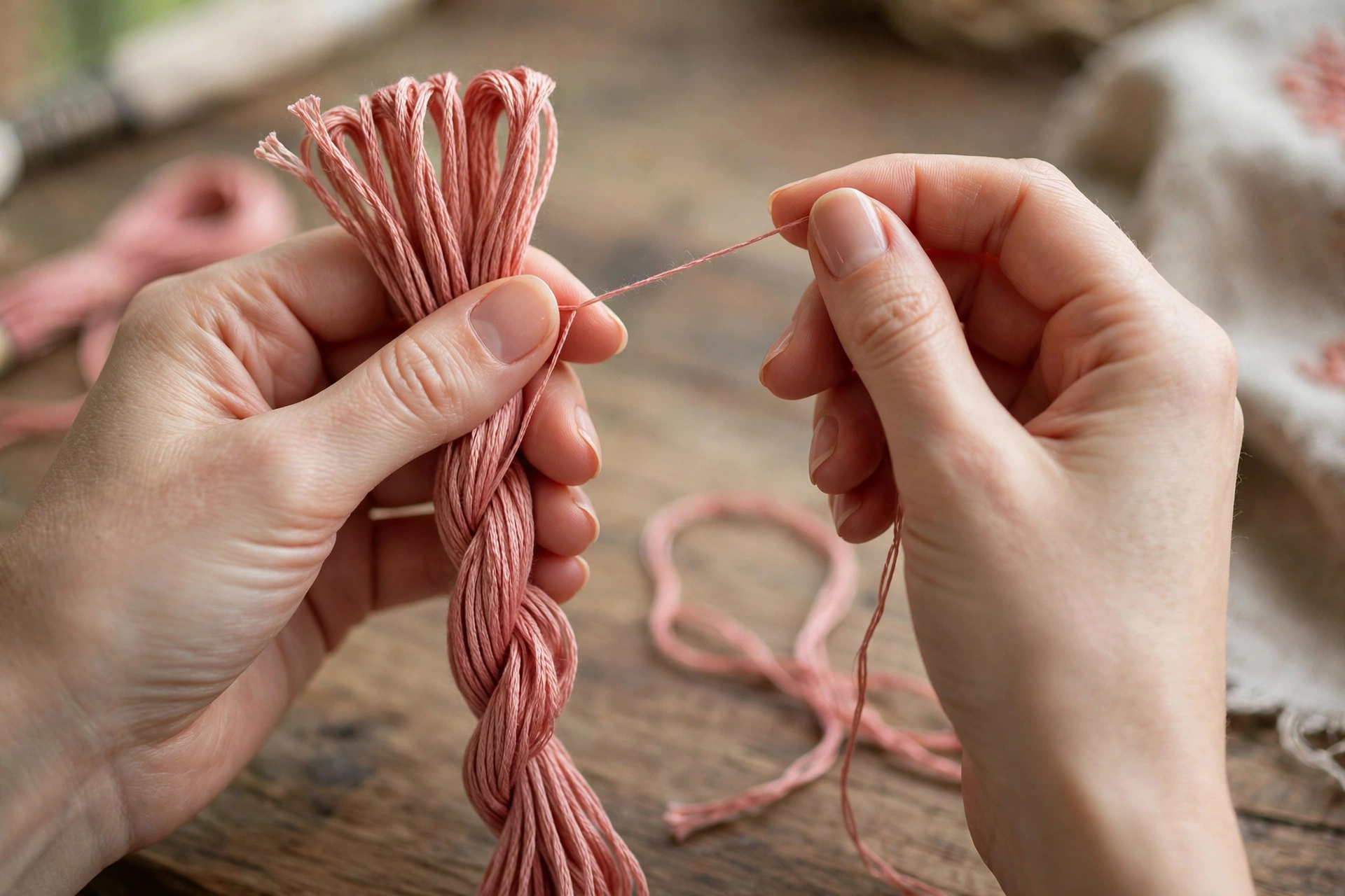 photorealistic woman's hands separating a single strand from a six-strand embroidery floss bundle, landscape orientation, no text