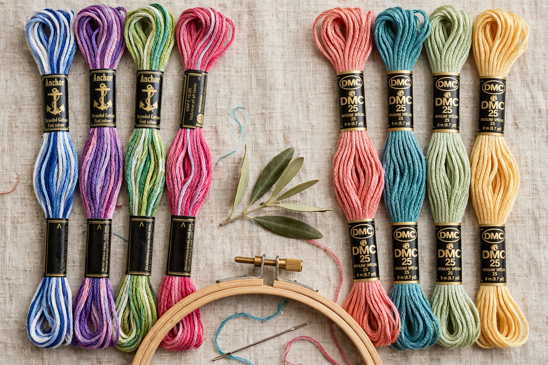 photorealistic comparison of Anchor and DMC embroidery floss skeins side by side with a needle and wooden hoop, landscape orientation, no text