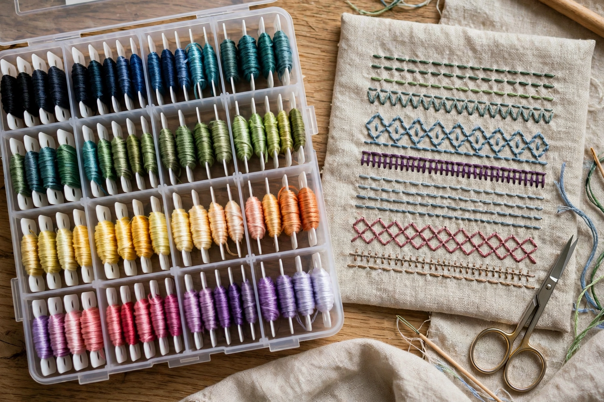 photorealistic embroidery floss bobbins sorted by color number in an organizer box next to a backstitch sampler, landscape orientation, no text