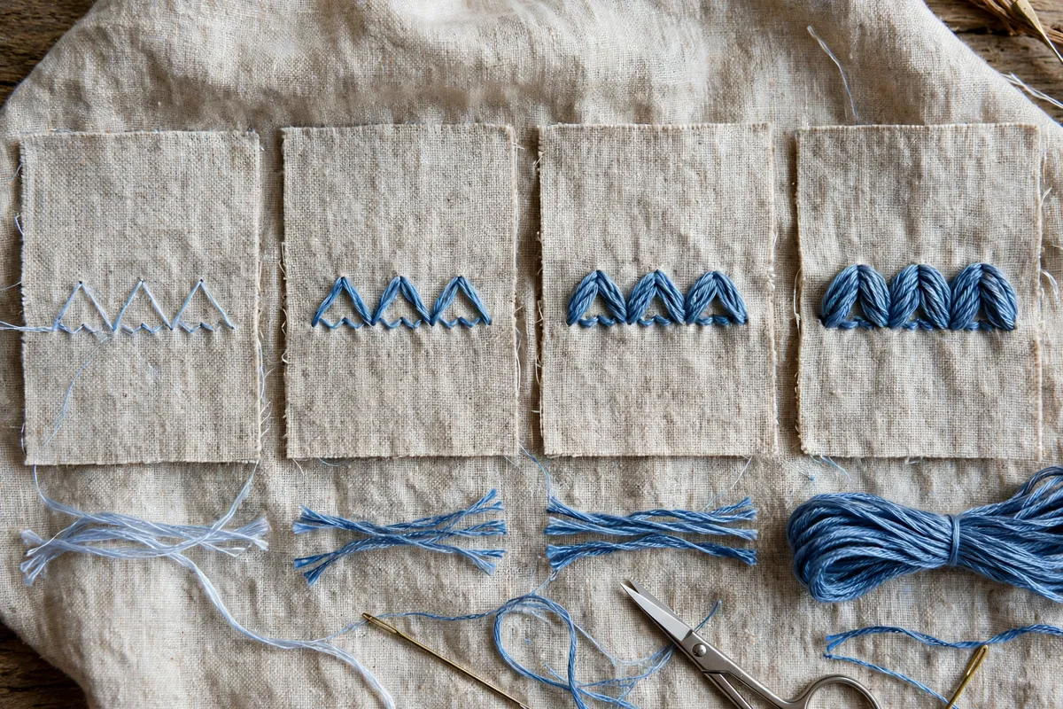 photorealistic backstitch sampler showing the same stitch worked in 1, 2, 3, and 6 floss strands side by side, landscape orientation, no text
