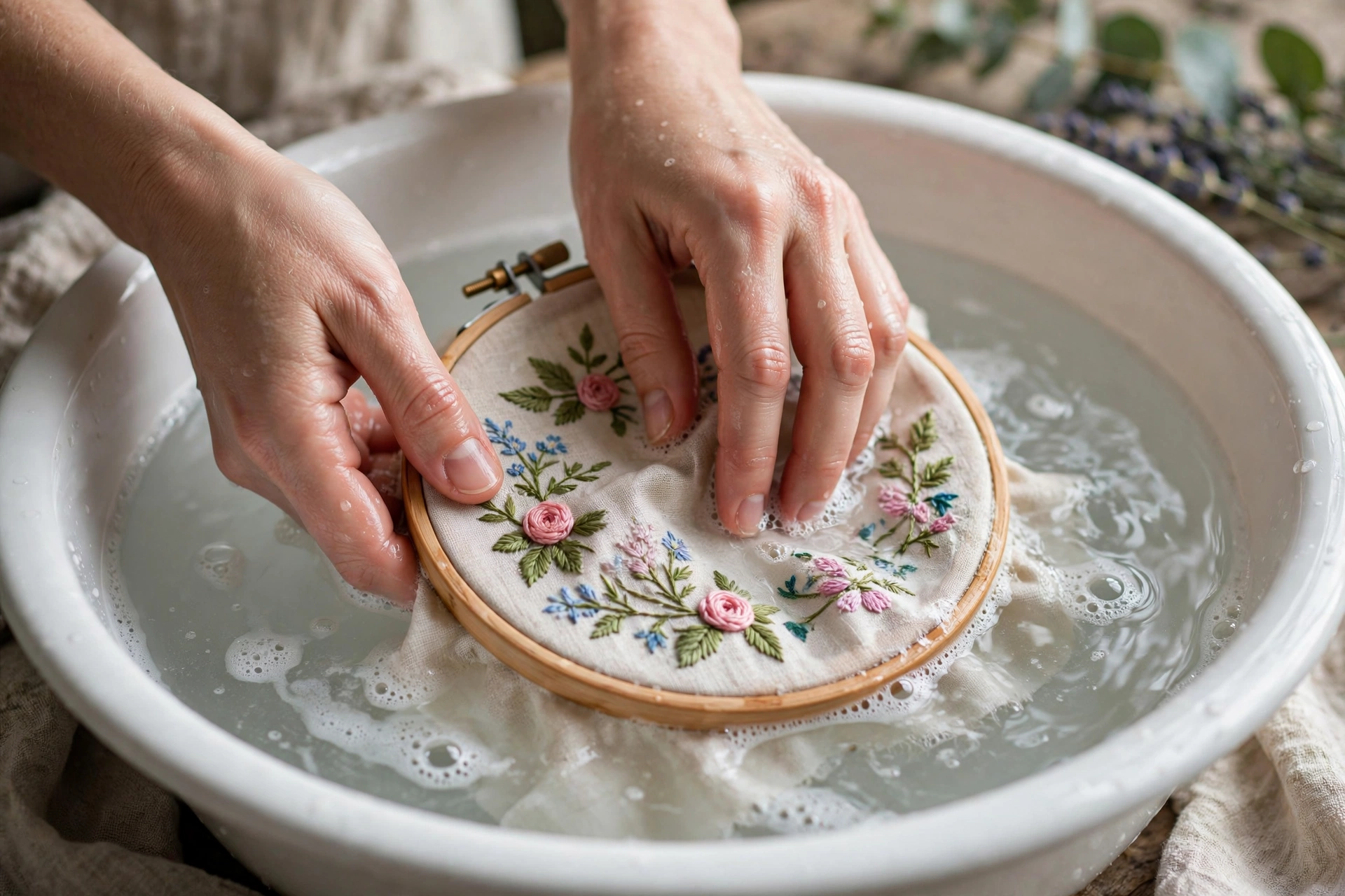 photorealistic hands gently washing an embroidered floral hoop in a white basin of lukewarm water, landscape orientation, no text
