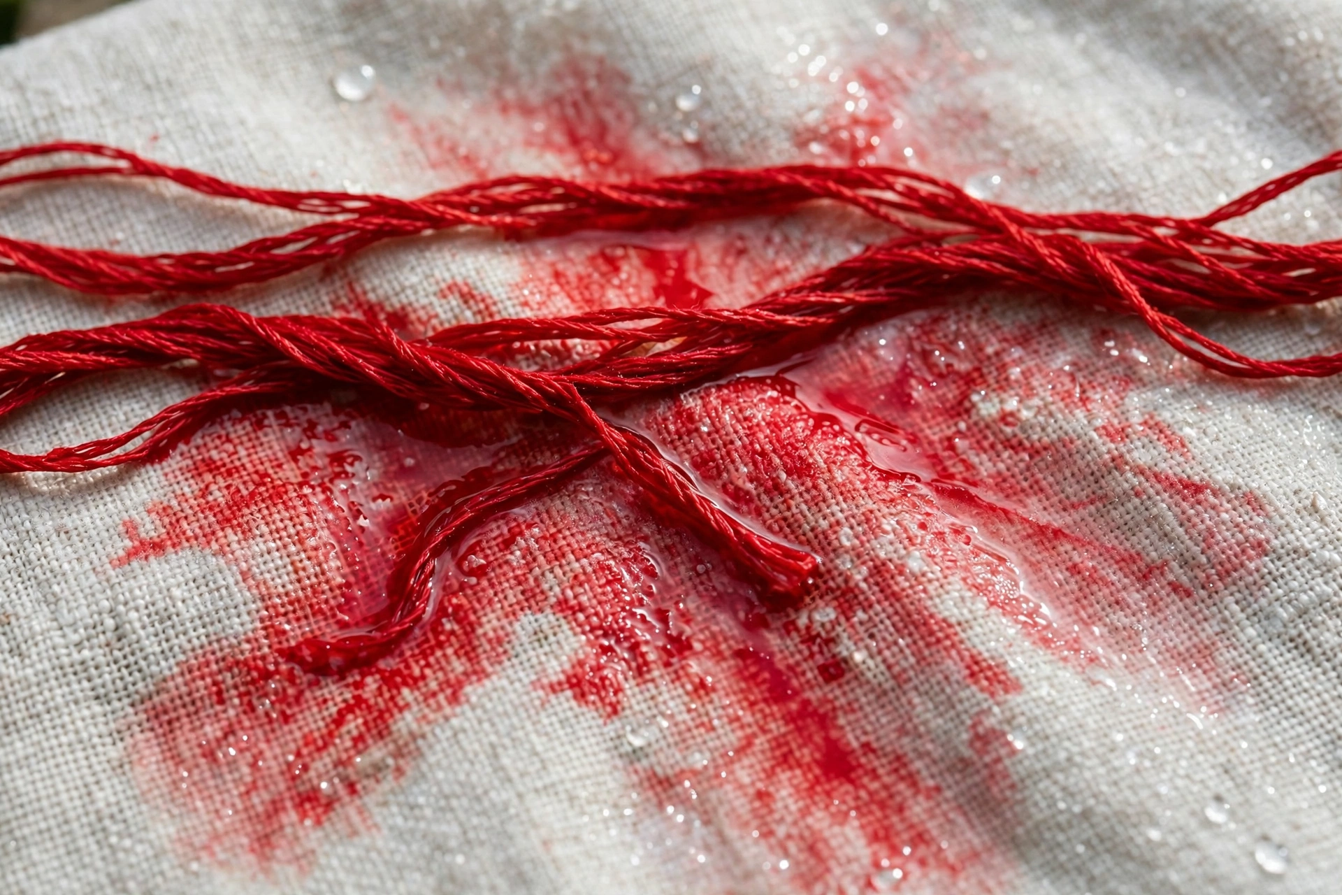 photorealistic close-up of red embroidery floss dye bleeding onto damp white linen fabric, landscape orientation, no text