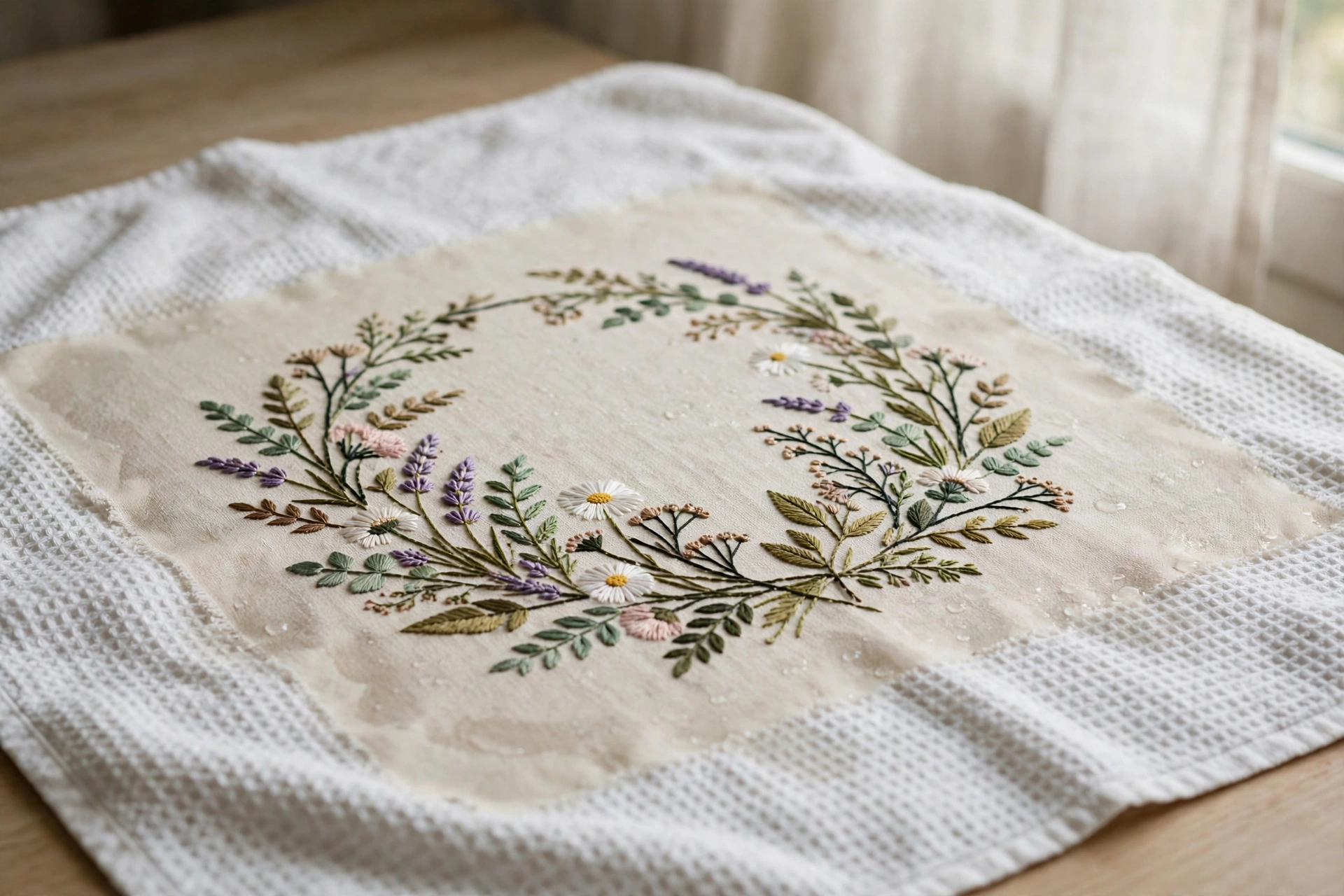 photorealistic finished embroidery drying flat on a clean white towel in soft window light, landscape orientation, no text
