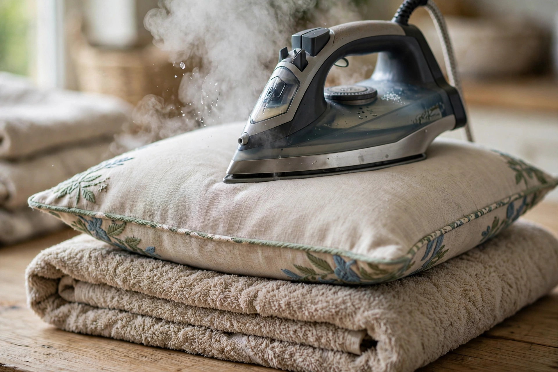 photorealistic steam iron pressing the back of an embroidered pillow over a thick towel, landscape orientation, no text