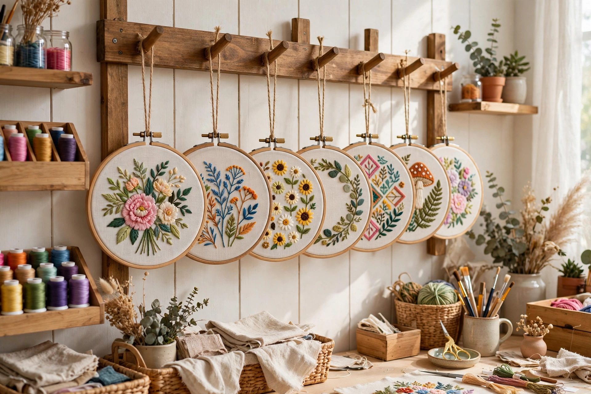 photorealistic colorful finished embroidery hoops hanging on a wooden rack in a bright craft room, landscape orientation, no text