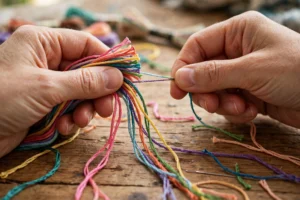Close-up of hands separating strands of colorful embroidery floss on a wooden craft table, photorealistic, landscape orientation, no text