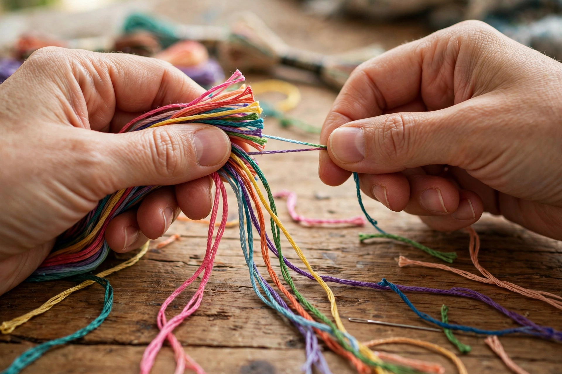 Close-up of hands separating strands of colorful embroidery floss on a wooden craft table, photorealistic, landscape orientation, no text