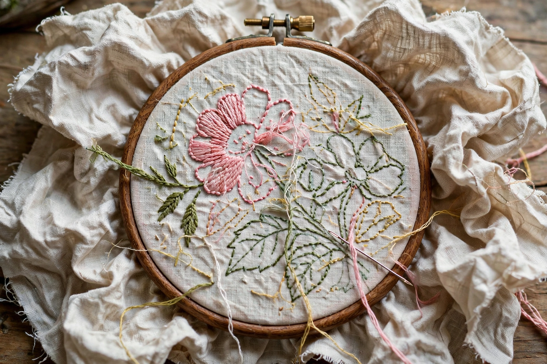 Embroidery hoop with puckered wrinkled fabric around a half-finished floral stitch, photorealistic, landscape orientation, no text