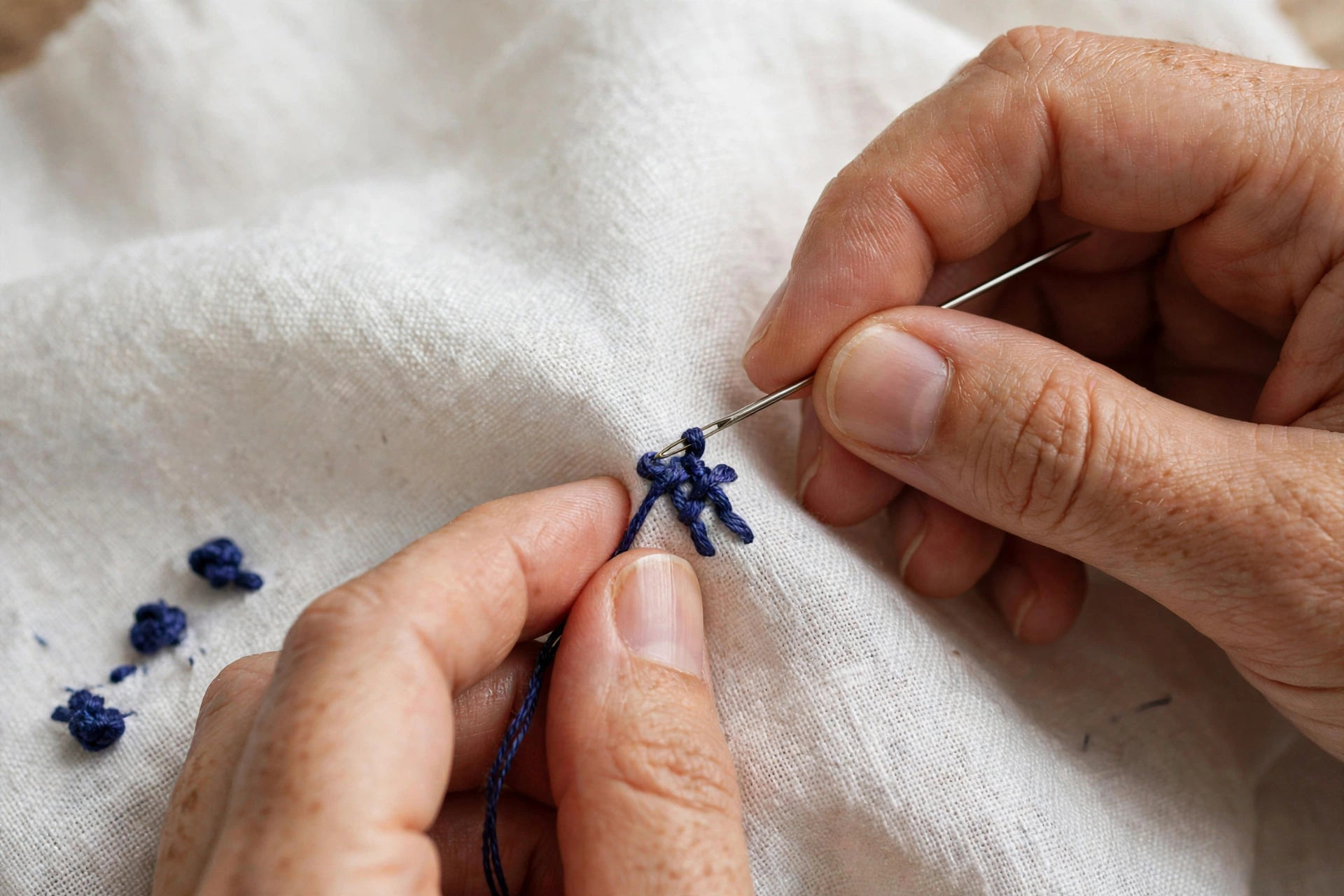 Close-up of hands stitching a French knot with a needle and deep blue thread on white linen, photorealistic, landscape orientation, no text