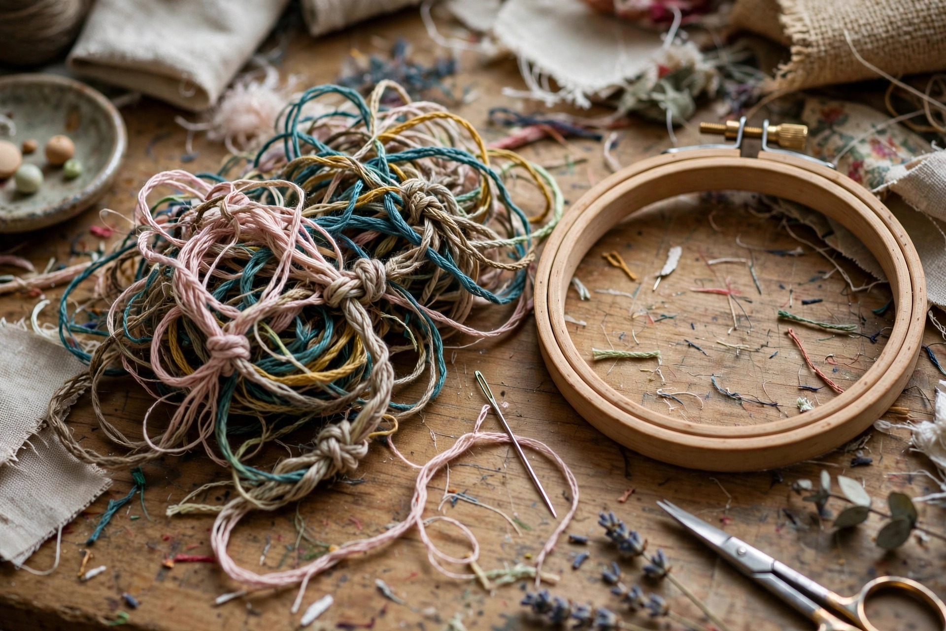 Tangled knotted embroidery thread with a needle beside a wooden hoop on a messy craft table, photorealistic, landscape orientation, no text