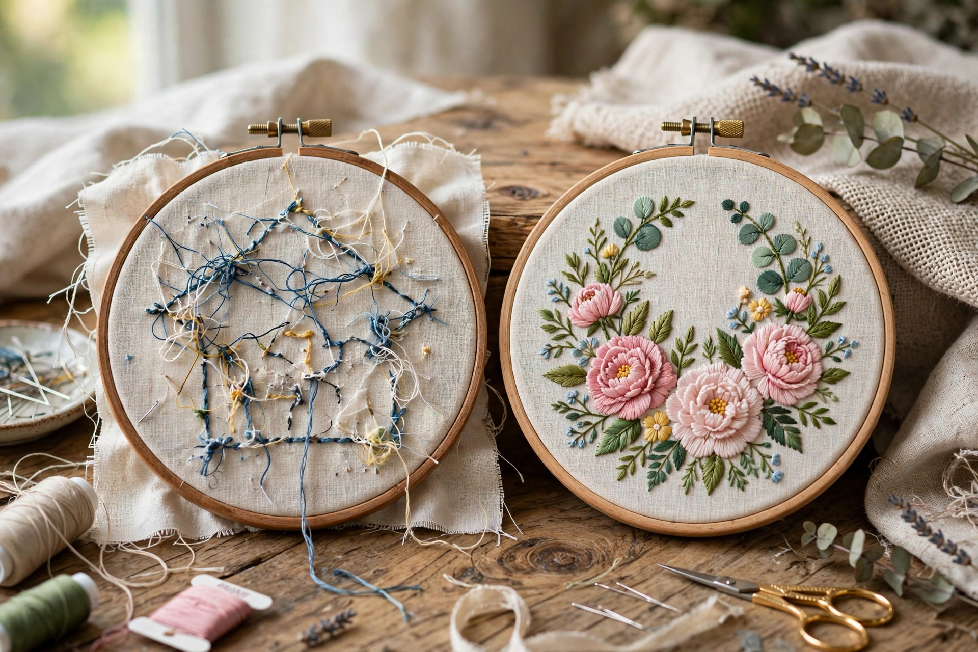 Two embroidery hoops side by side on a table, one messy beginner piece and one neat finished floral hoop art, photorealistic, landscape orientation, no text