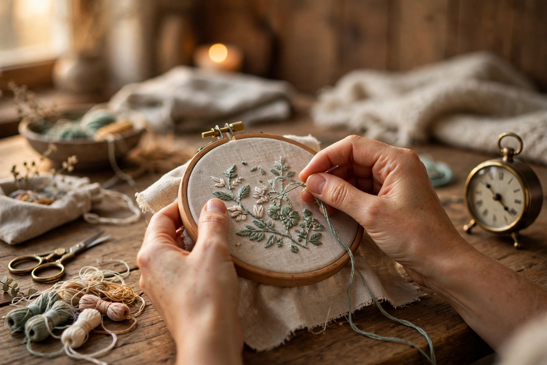 Hands stitching in an embroidery hoop at a cozy wooden table with a small clock nearby, warm light, photorealistic, landscape orientation, no text