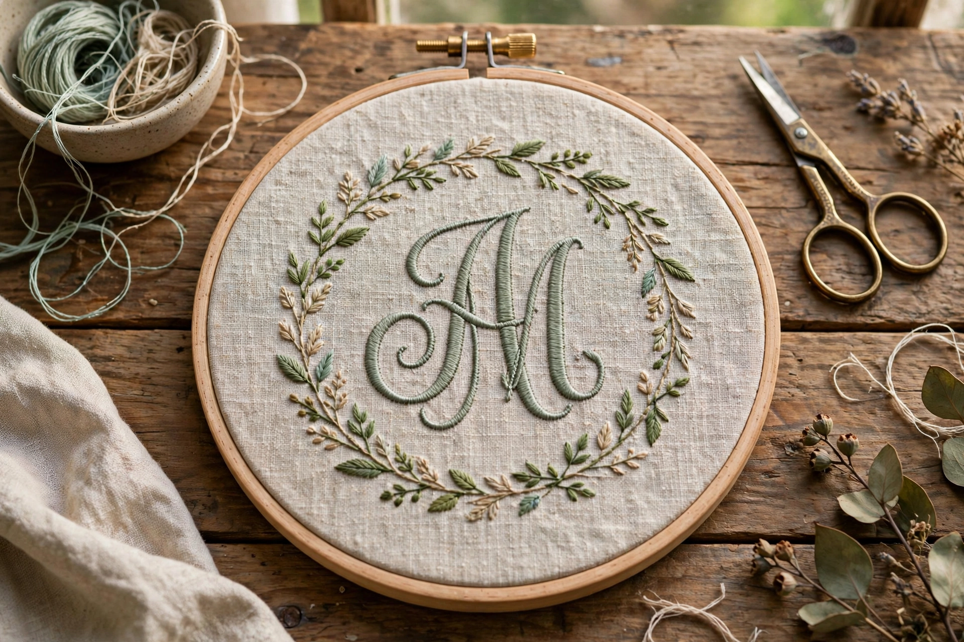 Finished monogram embroidery hoop art with stitched initials on linen, styled on a wooden table, photorealistic, landscape orientation, no text