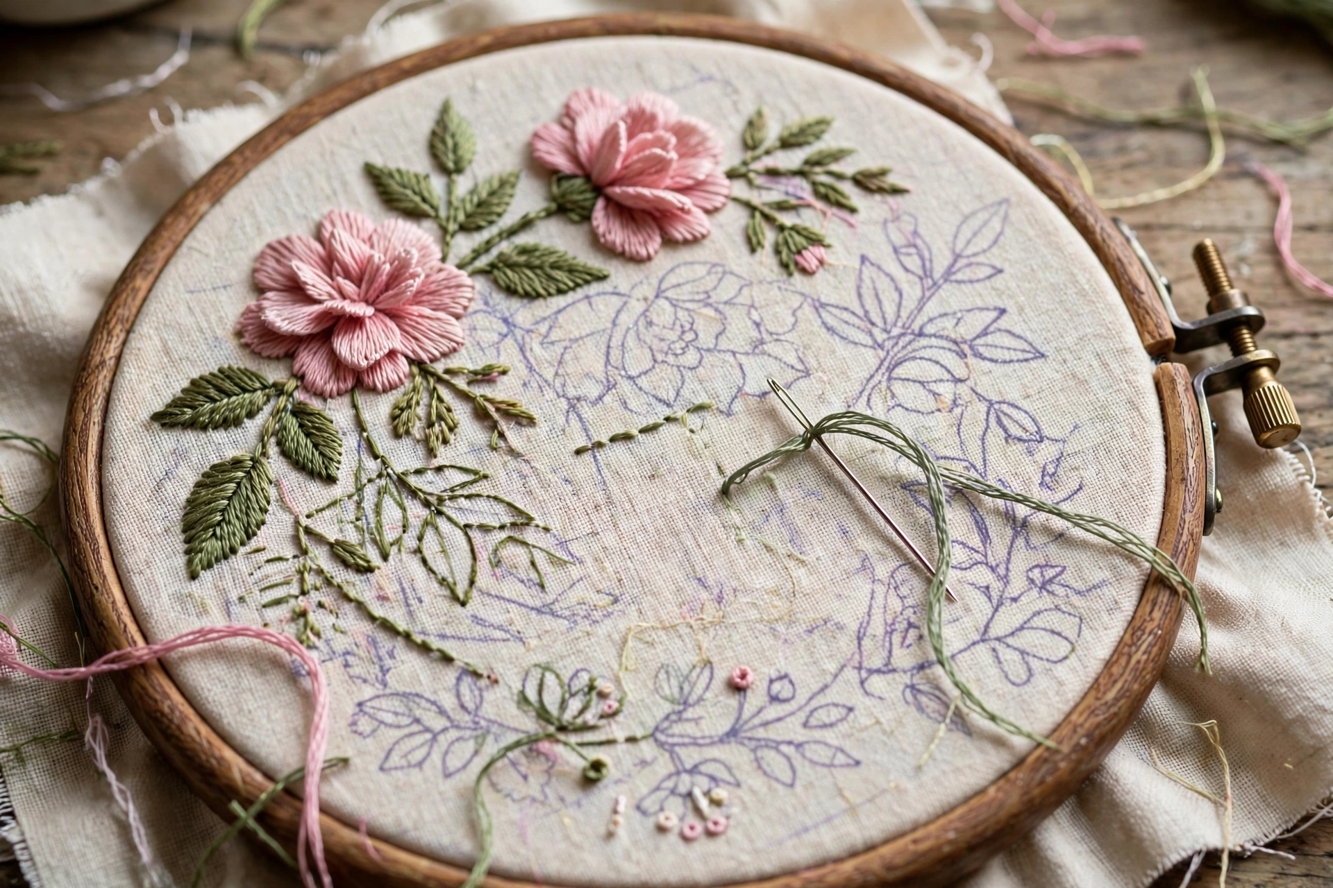 Half-finished floral embroidery in a wooden hoop showing work in progress stitches, photorealistic, landscape orientation, no text