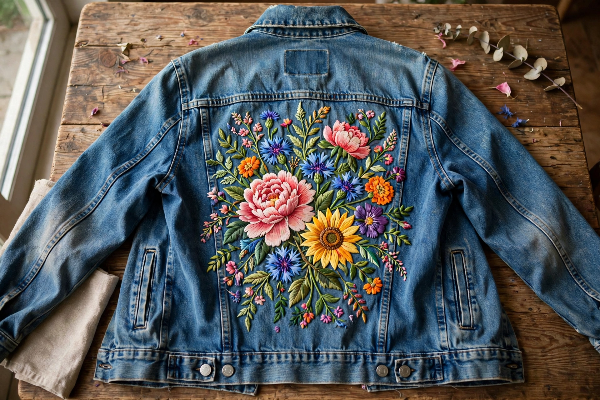 Denim jacket with a large colorful floral embroidery on the back panel laid on a table, photorealistic, landscape orientation, no text