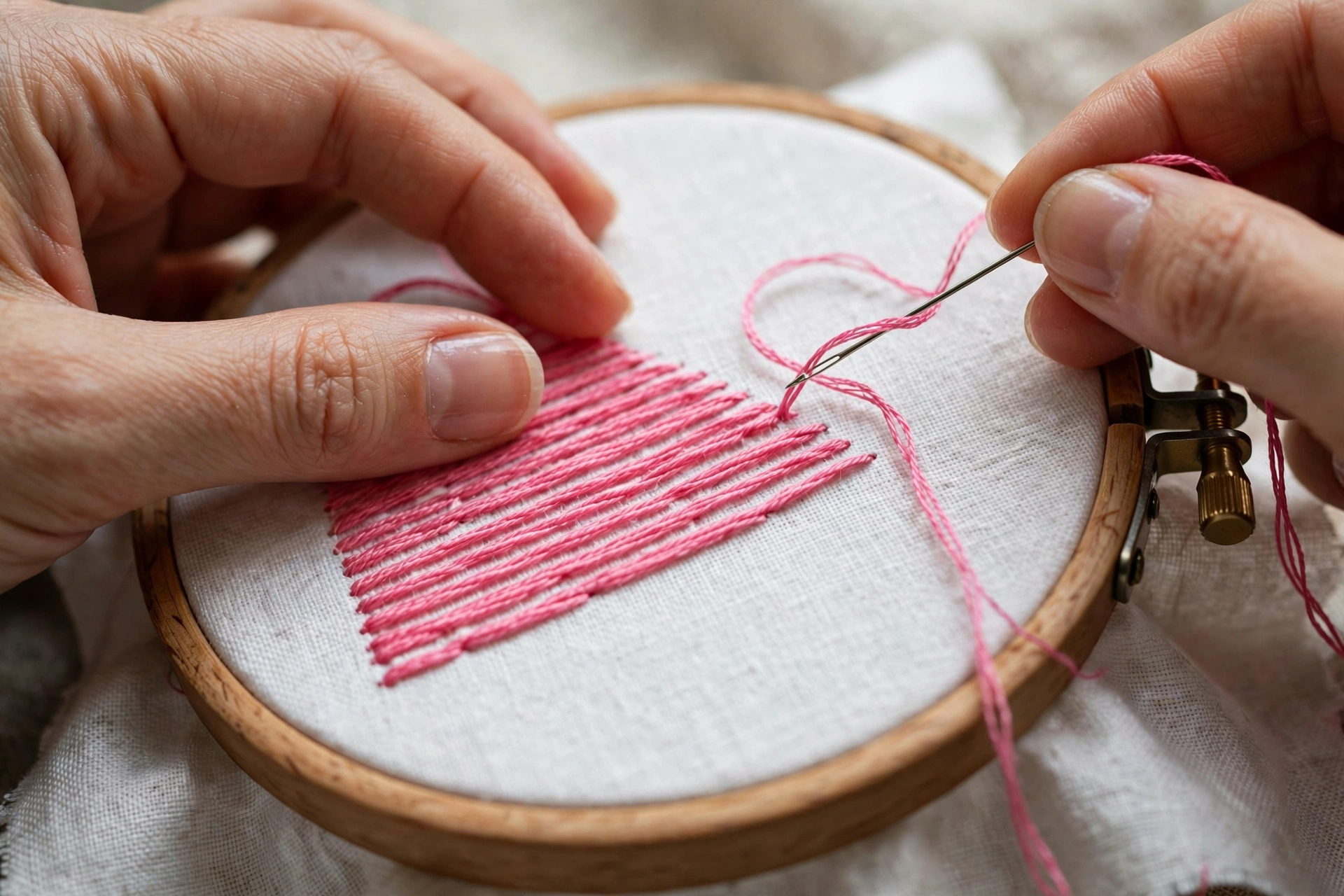 Close-up of hands working satin stitch with pink thread on white fabric in an embroidery hoop, photorealistic, landscape orientation, no text