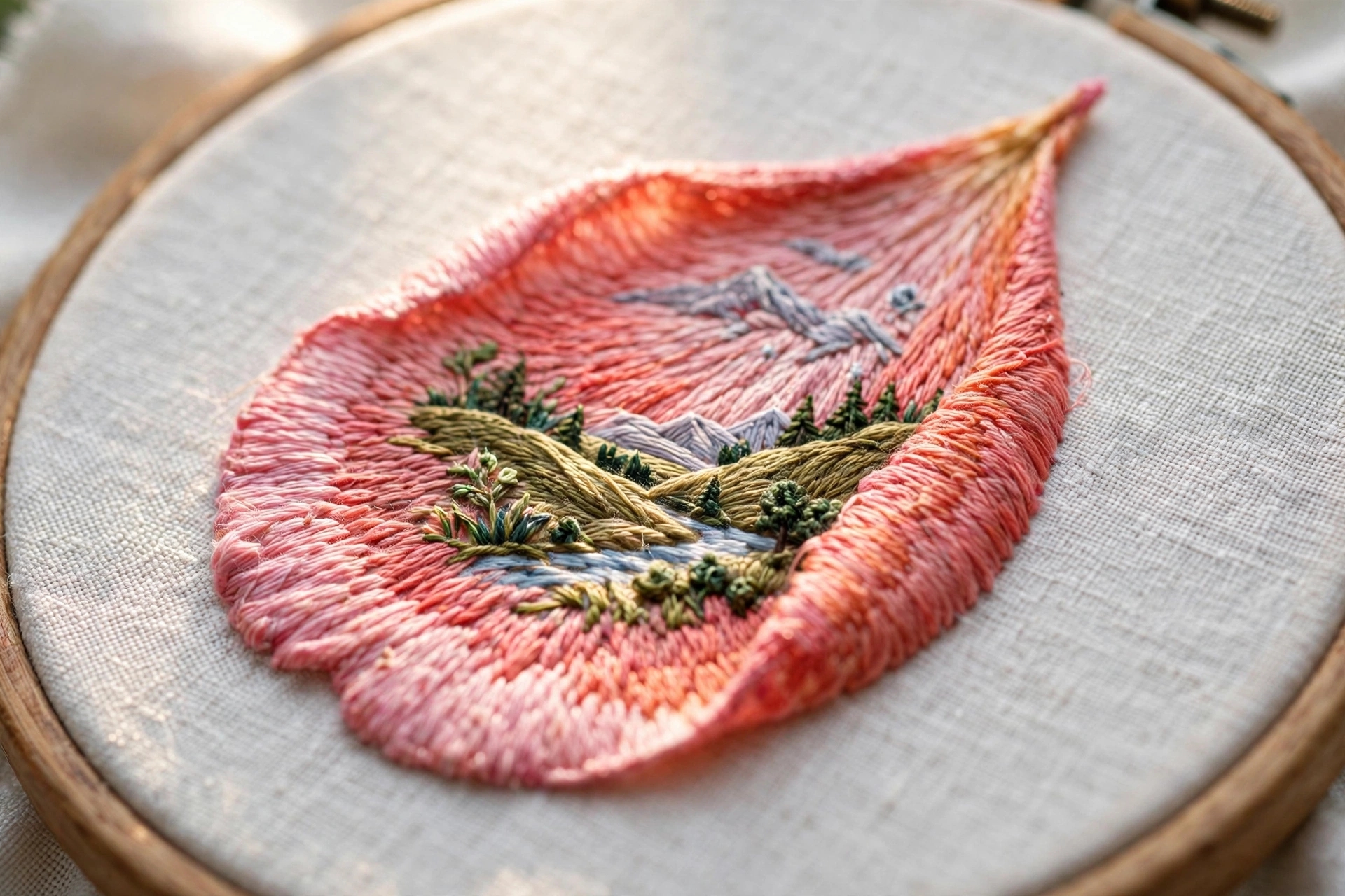 Photorealistic landscape close-up of an embroidered rose petal in pink and coral satin stitch shading, hoop art on white linen fabric, soft natural light, no text