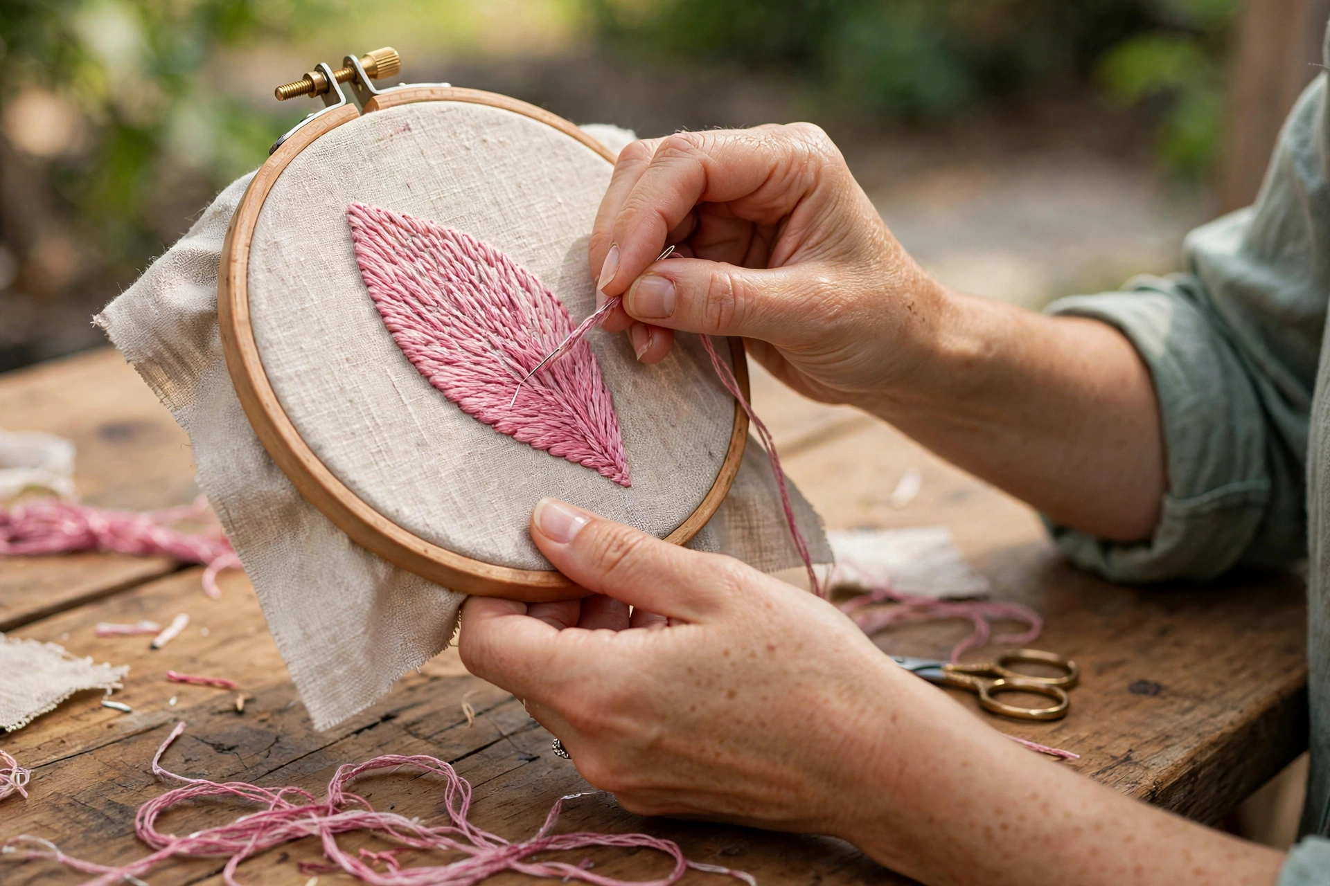 Photorealistic landscape shot of hands holding an embroidery hoop, stitching a flower petal in long and short satin stitches with variegated pink thread, wooden table, daylight, no text