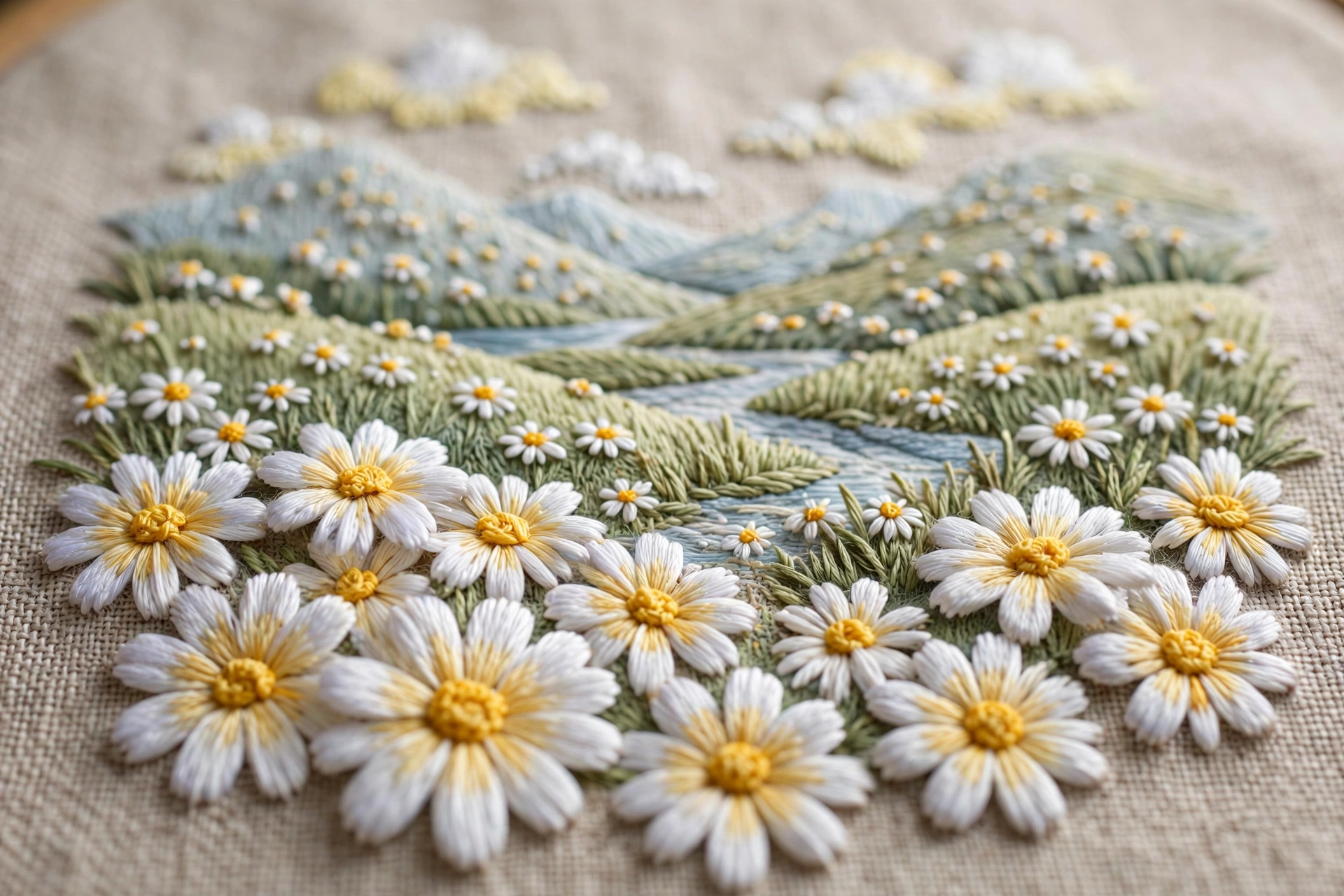Photorealistic landscape macro of embroidered daisies with smooth satin stitch shading from white to soft yellow, linen fabric background, shallow depth of field, no text