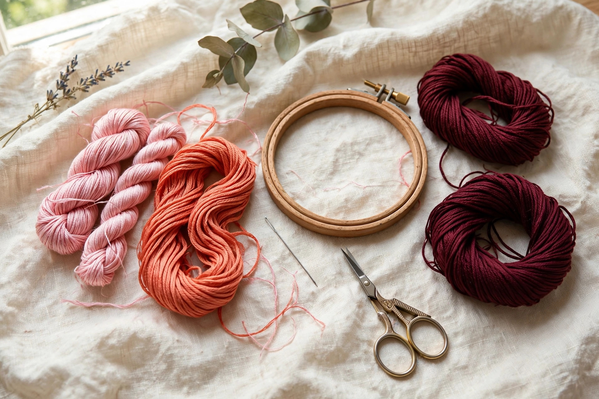 Photorealistic landscape image of embroidery supplies: DMC thread skeins in pink, coral and burgundy shades, embroidery needle, wooden hoop and scissors on a cream linen cloth, daylight, no text