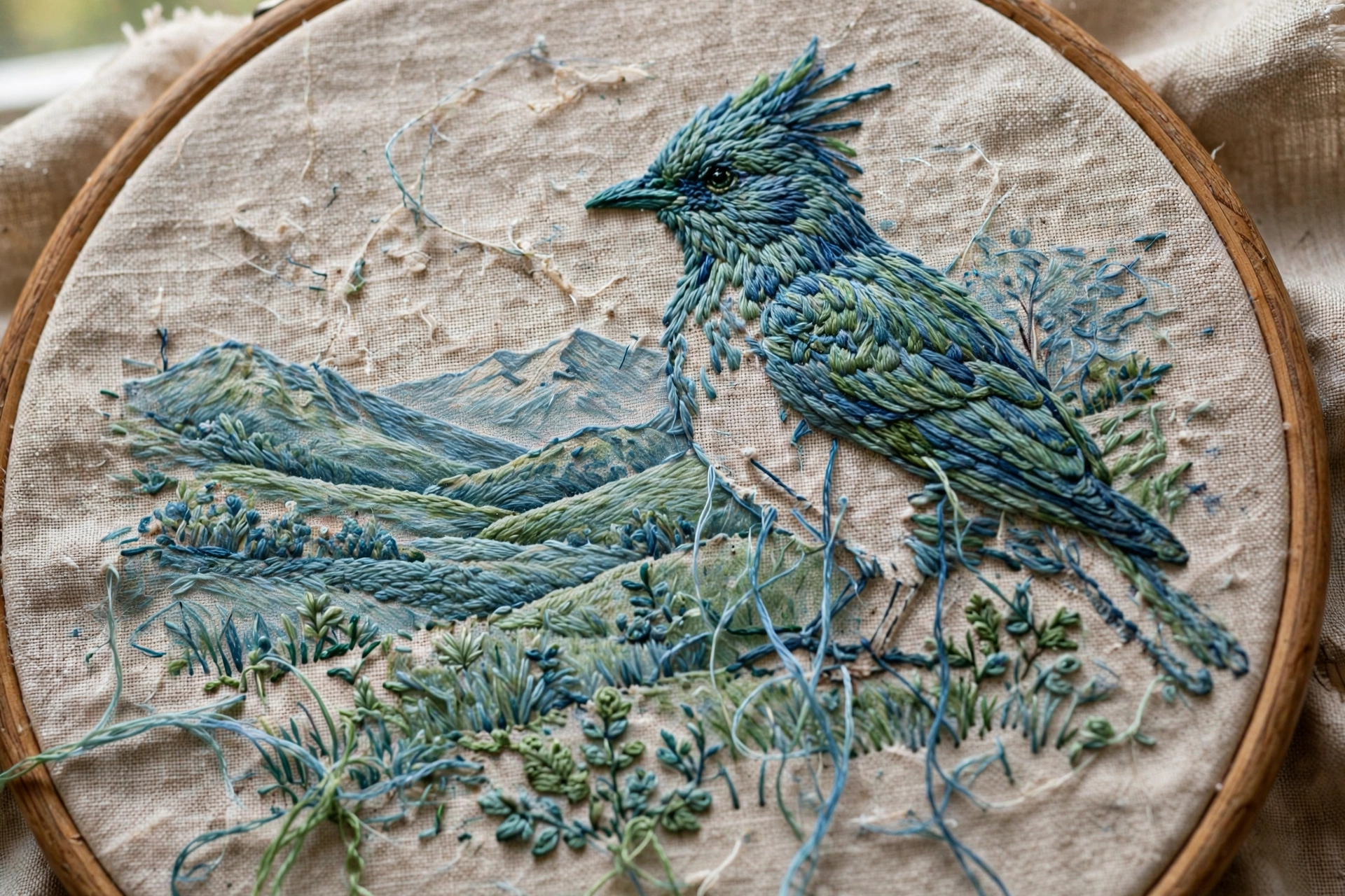 Photorealistic landscape close-up of a partially stitched embroidered bird with blended single-strand thread painting in blue and green, hoop art on linen, soft daylight, no text