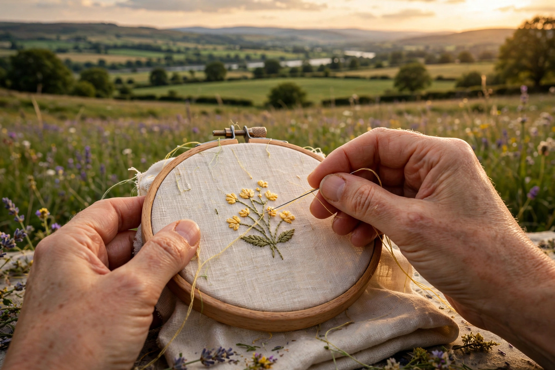 Photorealistic landscape shot of an embroiderer's hands stitching tiny single-strand long and short stitches on a flower design in a wooden hoop, warm natural light, no text