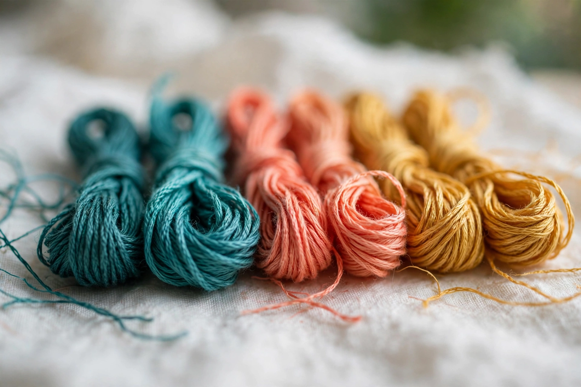 Photorealistic landscape macro of colourful DMC thread skeins in gradient shades of teal, coral and gold arranged on white fabric, shallow depth of field, no text