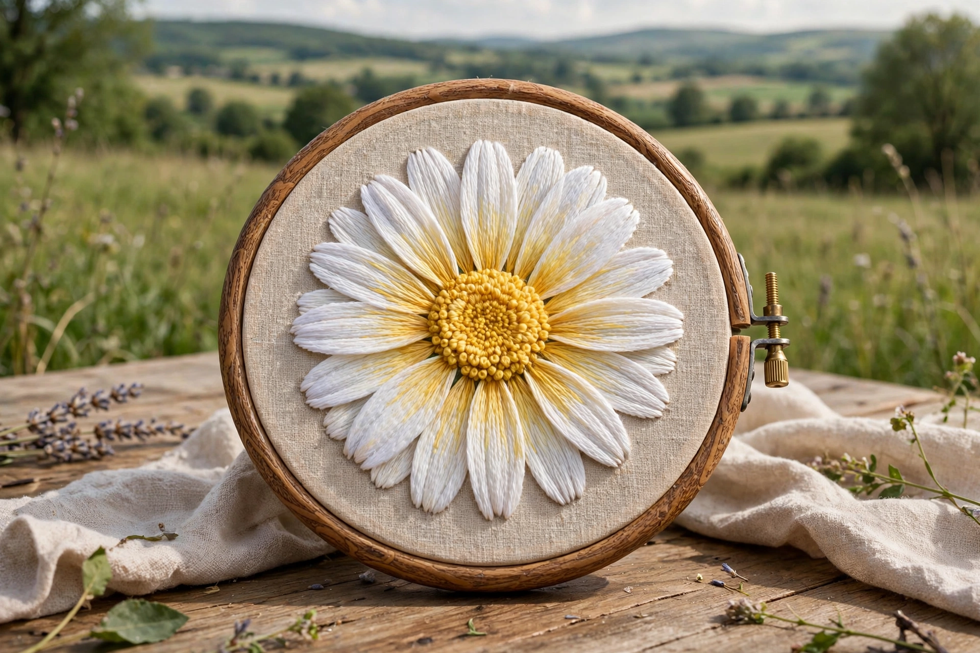 Photorealistic landscape image of a finished thread-painted daisy embroidery with smooth colour blending from white to yellow, displayed in a round wooden hoop on a table, daylight, no text