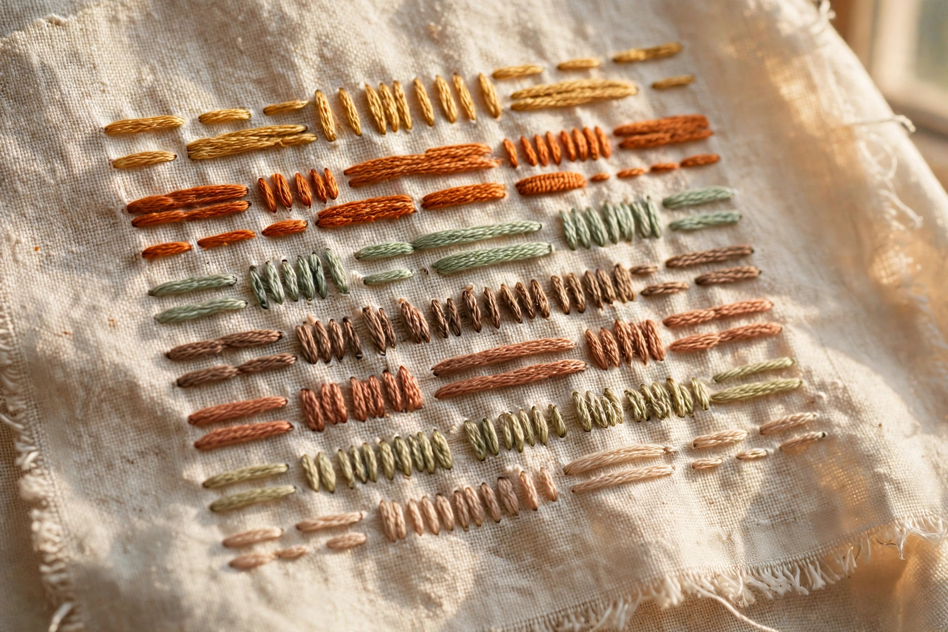 photorealistic landscape macro photo of a hand embroidery sampler on cream linen showing rows of satin stitches in varying lengths, warm natural window light, no text