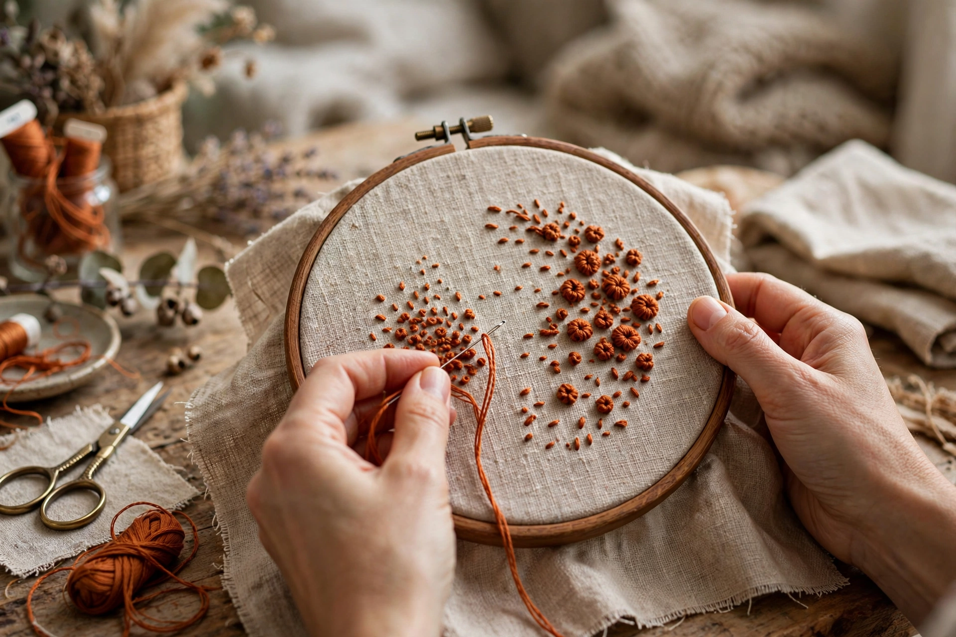 photorealistic landscape photo of hands stitching textured French knots and seed stitches with rust orange thread on natural linen in an embroidery hoop, cozy craft table, no text