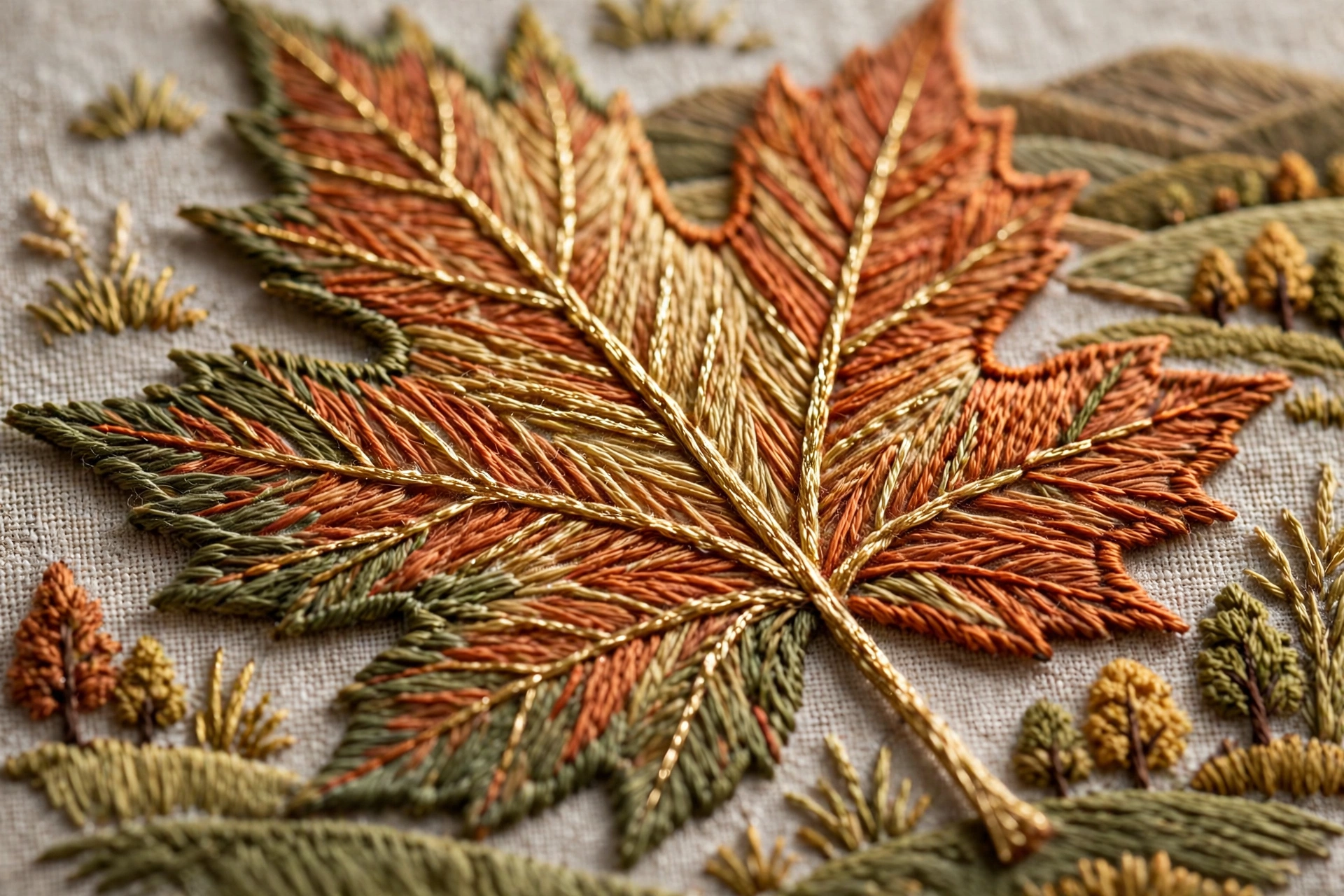 photorealistic landscape close-up of an embroidered autumn leaf made with long and short stitches in gold, rust and olive green threads showing raised texture, no text