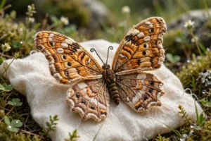 photorealistic landscape macro photo of a stumpwork embroidered butterfly with raised padded wings on cream linen, soft natural light, no text