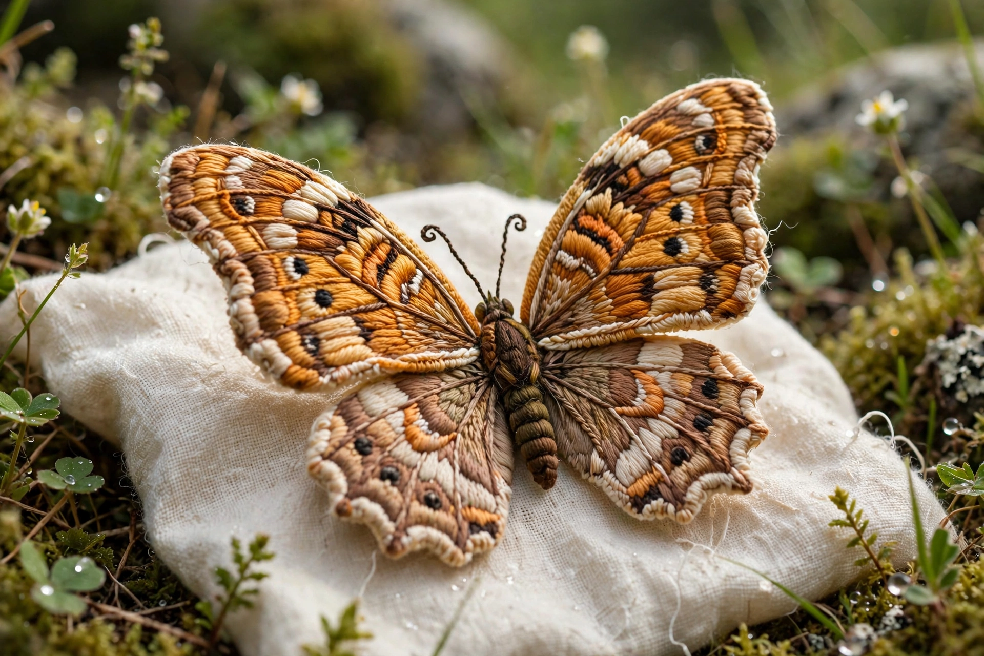 photorealistic landscape macro photo of a stumpwork embroidered butterfly with raised padded wings on cream linen, soft natural light, no text