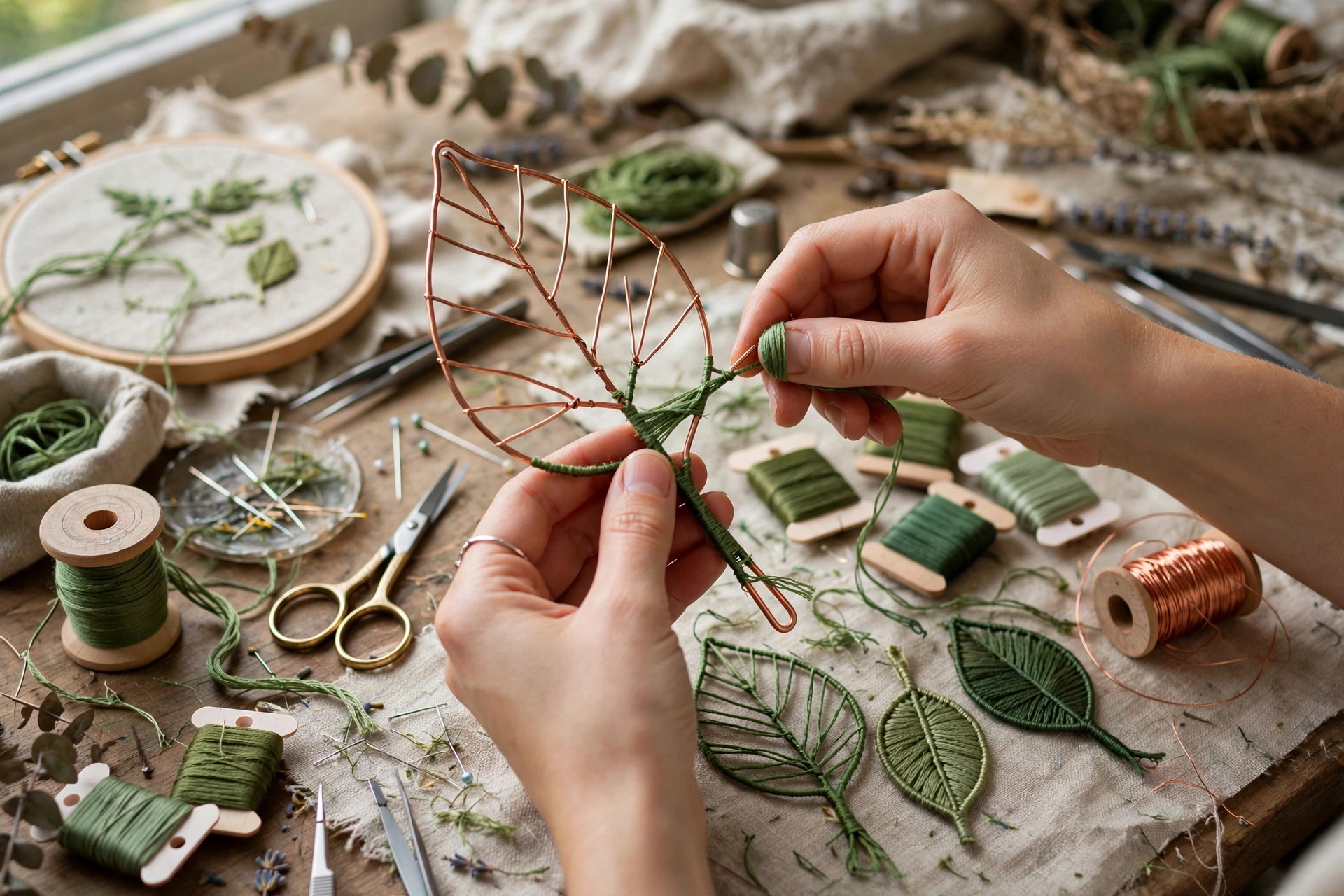 photorealistic landscape photo of hands wrapping wire with green thread for stumpwork leaf shapes on a craft table with embroidery supplies, no text