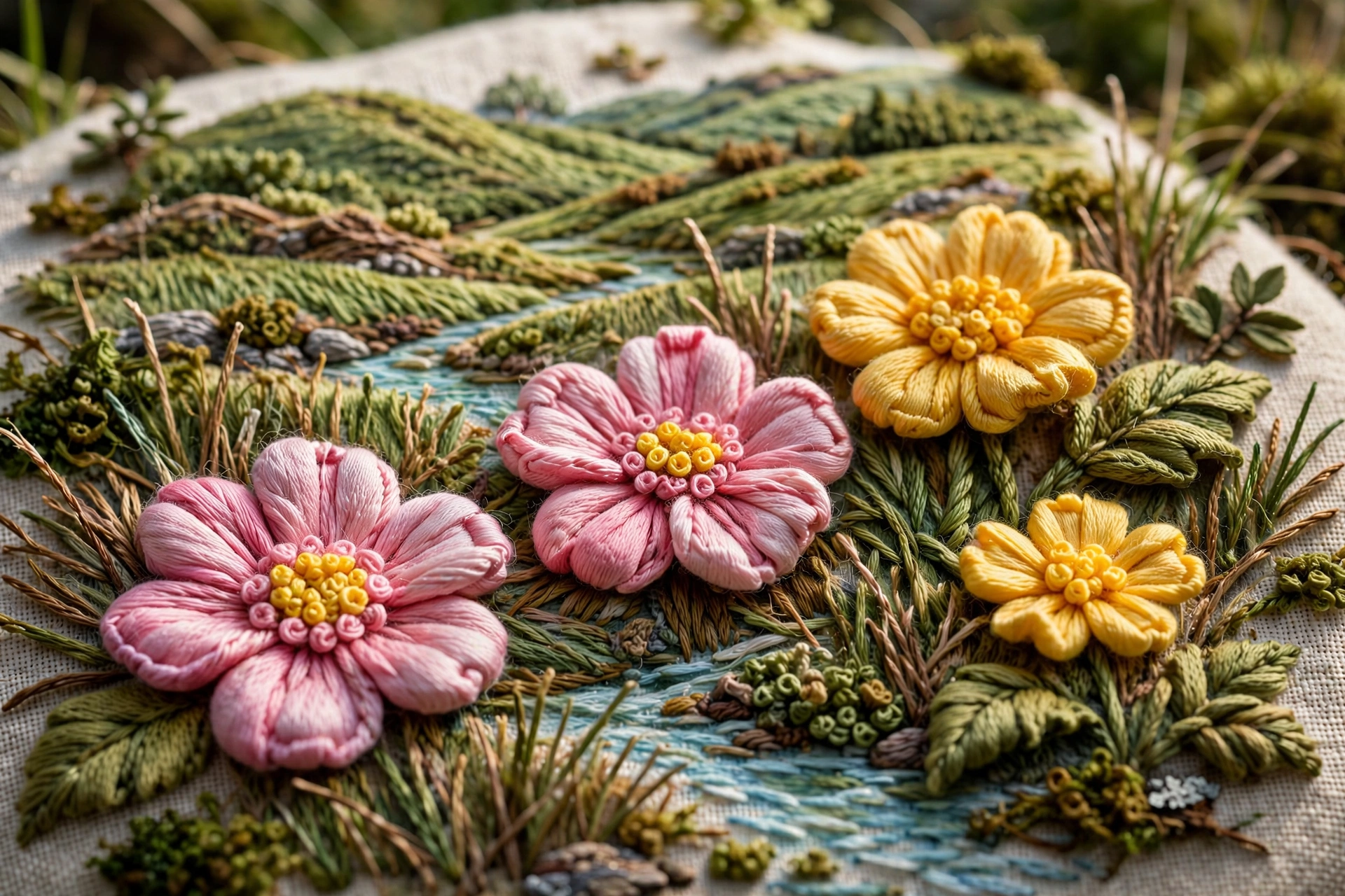 photorealistic landscape close-up of raised stumpwork flowers with padded petals and French knot centers in pink and yellow threads, no text