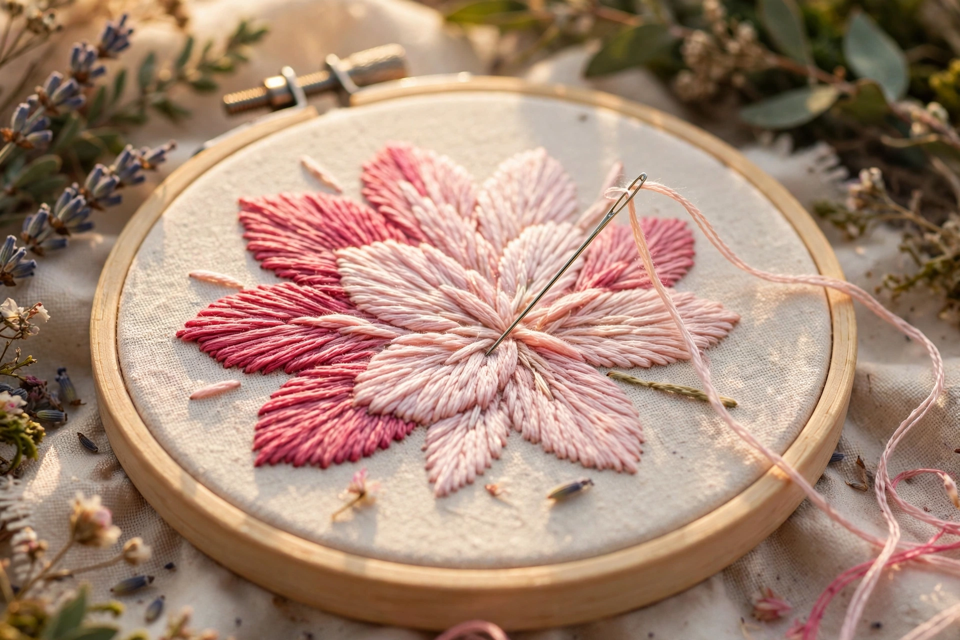 Photorealistic landscape close-up of a hand embroidery hoop showing long and short stitch petals blending from deep pink to pale blush, cotton fabric, needle with thread, warm natural light, no text