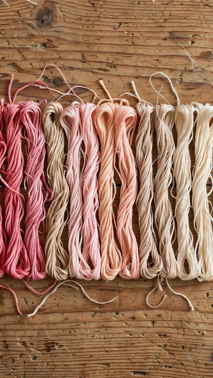 Photorealistic landscape overhead view of embroidery threads sorted in gradient shades from dark red to cream laid on a wooden table next to a linen hoop, no text
