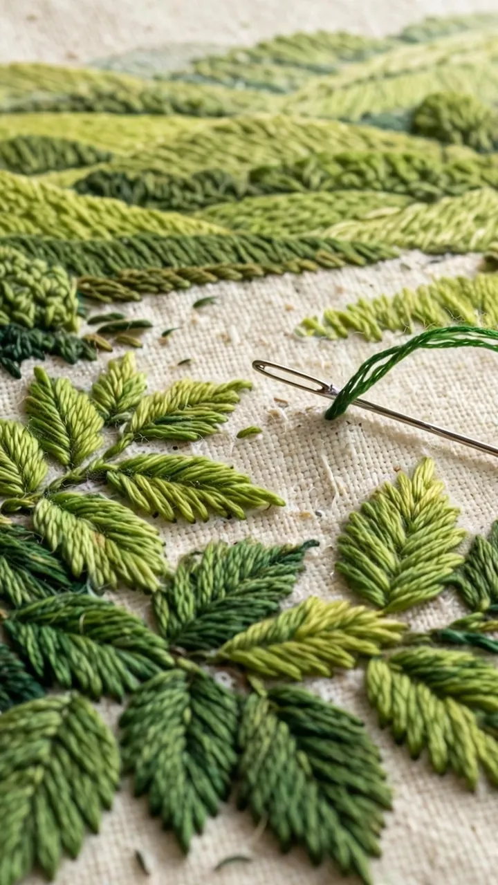 Photorealistic landscape macro of long and short stitch leaves transitioning from forest green to lime on cream linen, needle mid-stitch, soft daylight, no text