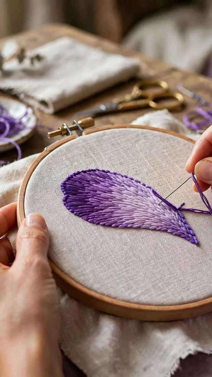 Photorealistic landscape of hands embroidering a flower petal with long and short stitch in an embroidery hoop, gradient of purple shades, cozy craft table, no text