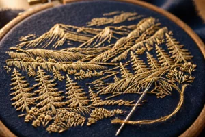Photorealistic landscape close-up of goldwork embroidery with couched gold metallic thread on deep navy fabric in an embroidery hoop, needle and thread visible, warm light, no text
