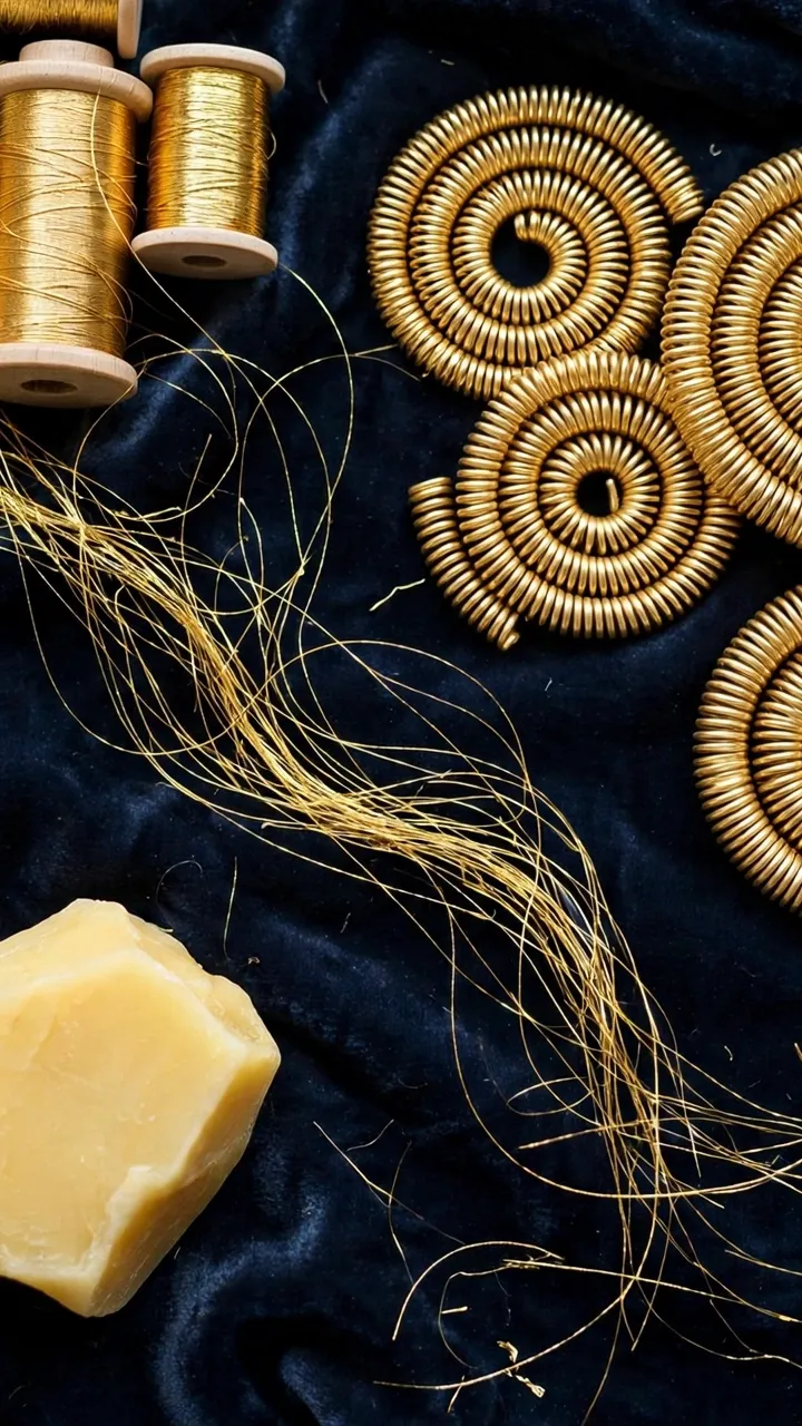 Photorealistic landscape flat lay of goldwork supplies: gold metallic threads, pearl purl coils, small scissors, beeswax, dark velvet fabric, wooden table, no text